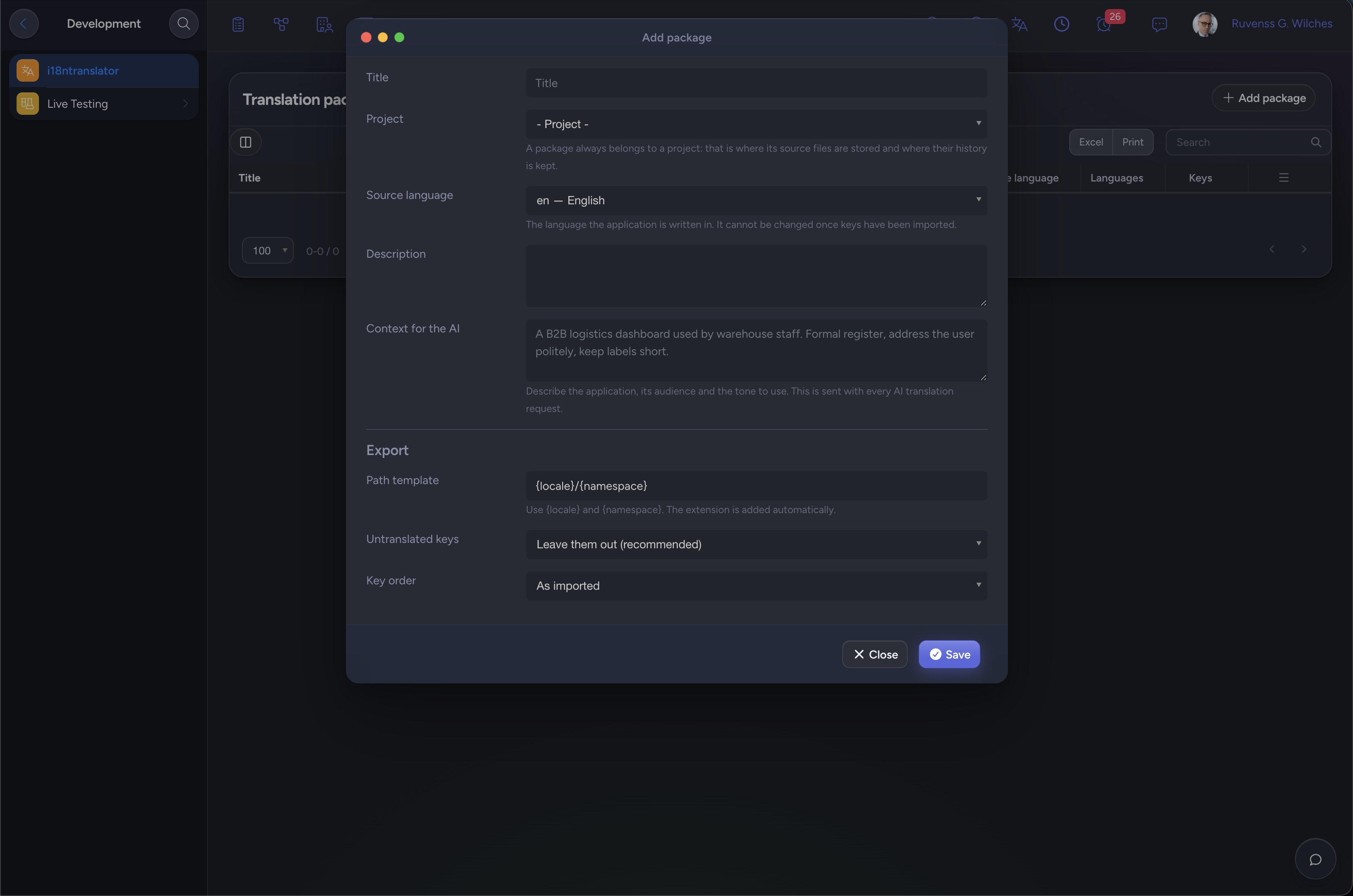 NIZU i18nTranslator translation editor in dark mode