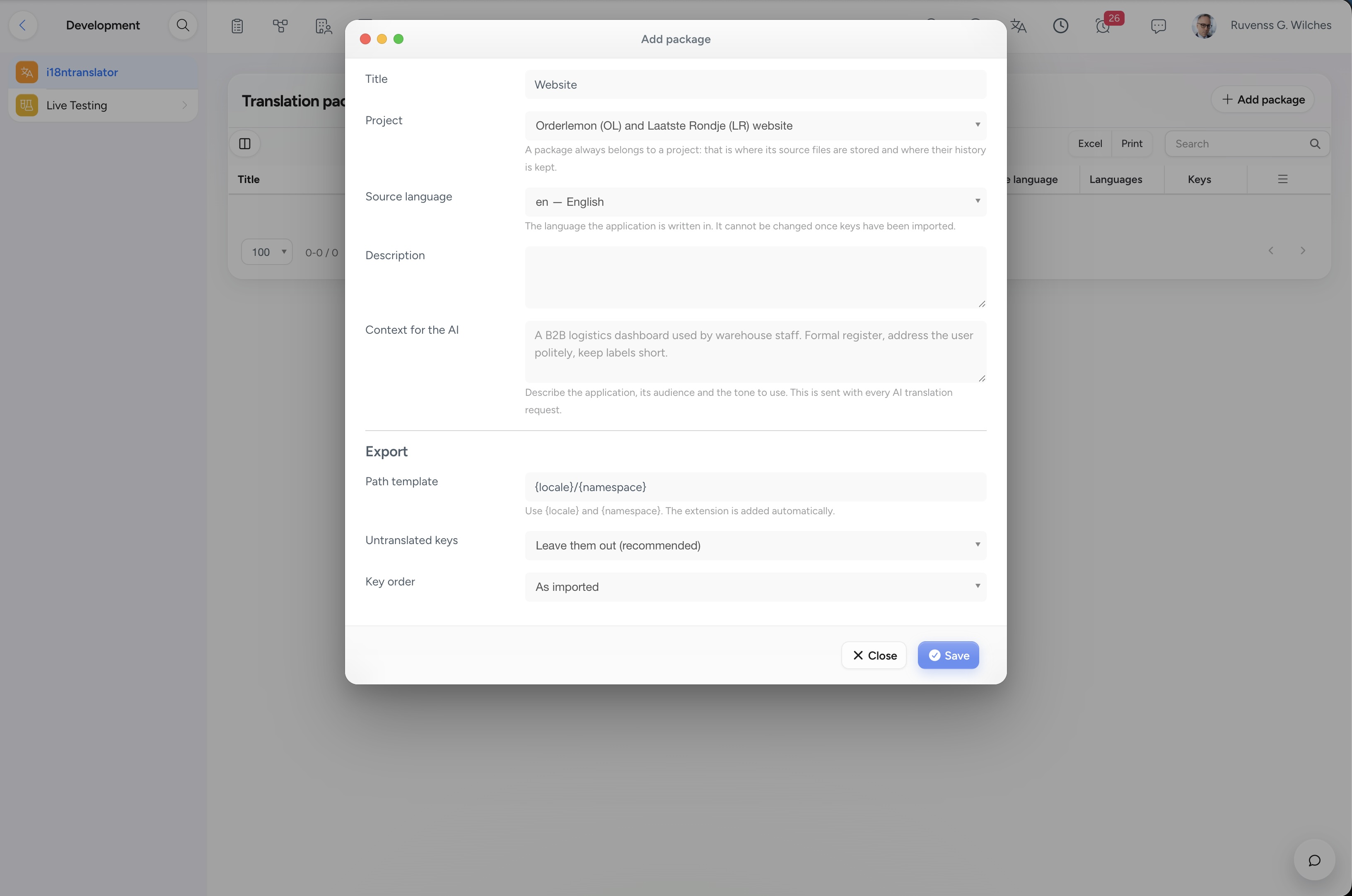 NIZU i18nTranslator translation editor in light mode